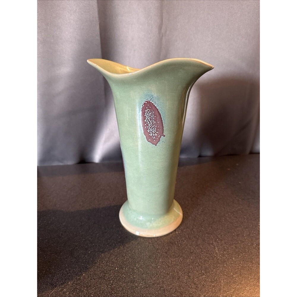 Green Ruffle Top Pottery Vase 9.5 Inches Tall Artsy Art Avant-Garde Retro Mod
